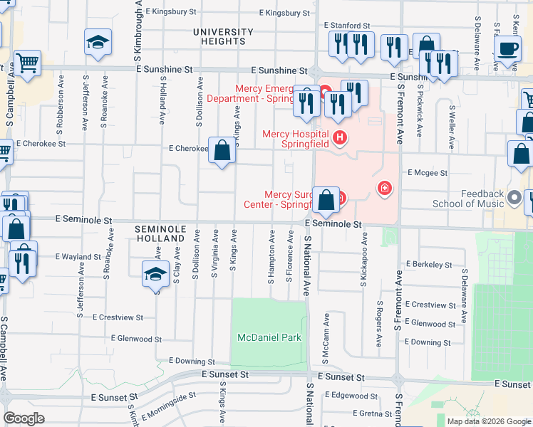 map of restaurants, bars, coffee shops, grocery stores, and more near 1106 East Seminole Street in Springfield