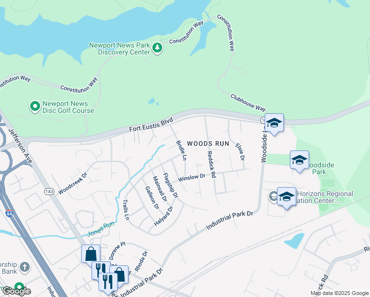 map of restaurants, bars, coffee shops, grocery stores, and more near 771 Trails Lane in Newport News