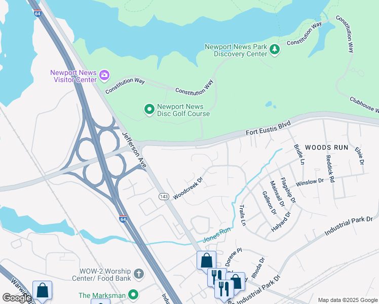 map of restaurants, bars, coffee shops, grocery stores, and more near 728 Longleaf Lane in Newport News