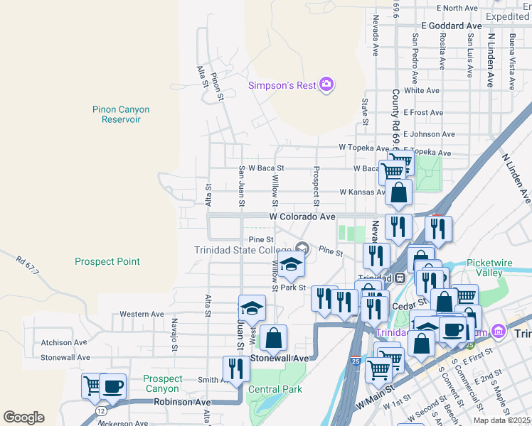 map of restaurants, bars, coffee shops, grocery stores, and more near 711 West Colorado Avenue in Trinidad