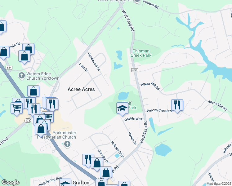map of restaurants, bars, coffee shops, grocery stores, and more near 558 Jefferson Lane in Yorktown