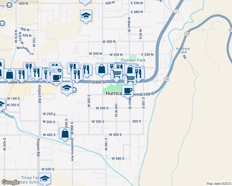 map of restaurants, bars, coffee shops, grocery stores, and more near 100 S 100 W in Hurricane