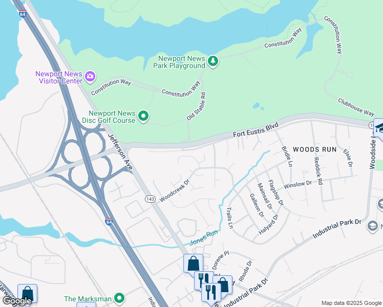 map of restaurants, bars, coffee shops, grocery stores, and more near 718 Longleaf Lane in Newport News