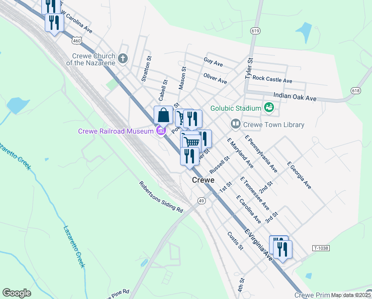 map of restaurants, bars, coffee shops, grocery stores, and more near 112-116 W Carolina Ave in Crewe