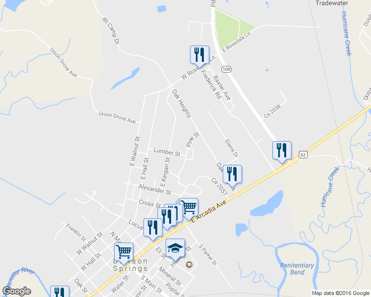 map of restaurants, bars, coffee shops, grocery stores, and more near 201 Pine Street in Dawson Springs