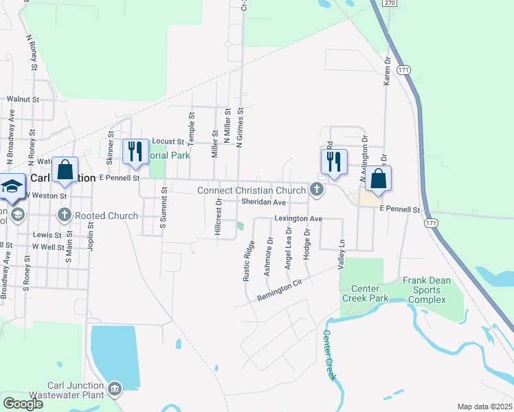 map of restaurants, bars, coffee shops, grocery stores, and more near 800 East Pennell Street in Carl Junction