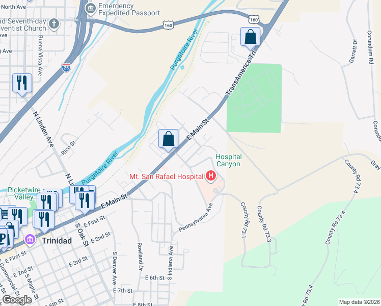 map of restaurants, bars, coffee shops, grocery stores, and more near 1622 East Main Street in Trinidad