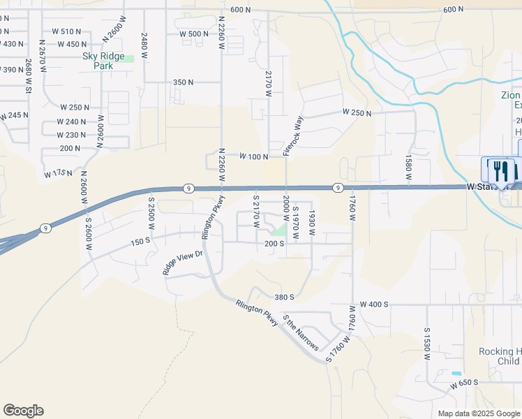 map of restaurants, bars, coffee shops, grocery stores, and more near 2158 West 70 South in Hurricane