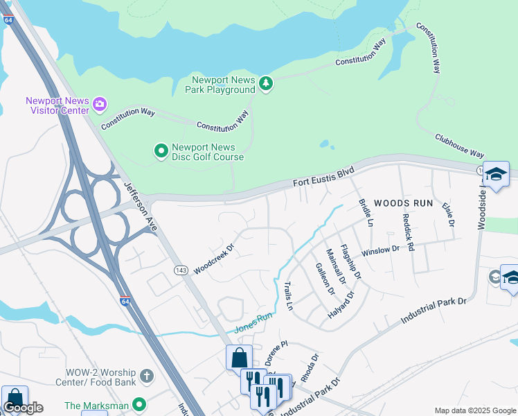 map of restaurants, bars, coffee shops, grocery stores, and more near 1016 Myrtle Court in Newport News