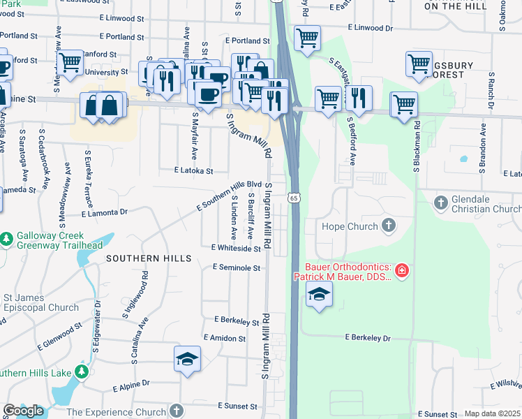 map of restaurants, bars, coffee shops, grocery stores, and more near 2045 South Ingram Mill Road in Springfield