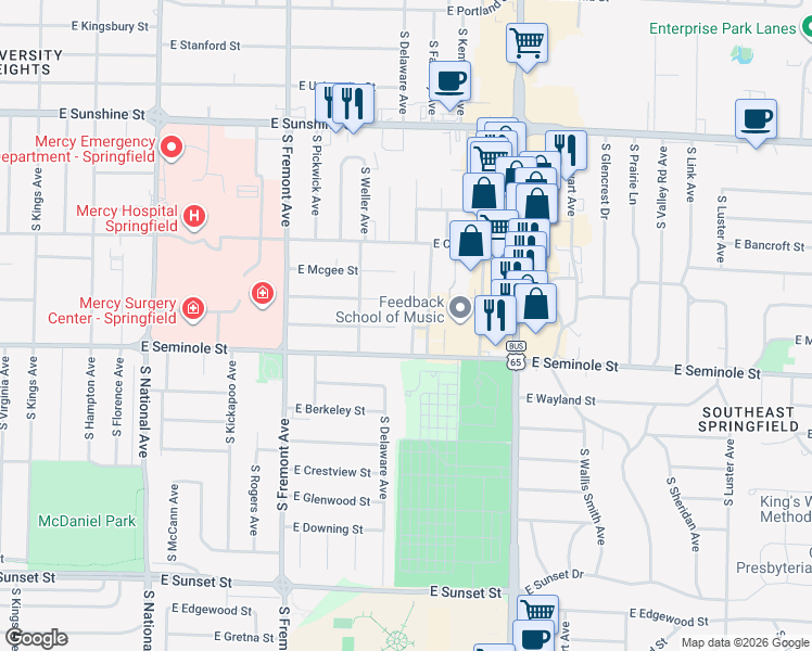 map of restaurants, bars, coffee shops, grocery stores, and more near 2101 South Delaware Avenue in Springfield