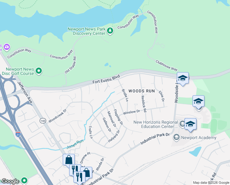 map of restaurants, bars, coffee shops, grocery stores, and more near 110 Tack Court in Newport News