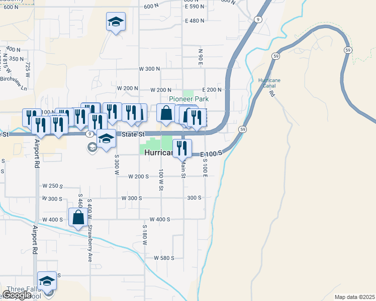 map of restaurants, bars, coffee shops, grocery stores, and more near 85 Main Street in Hurricane