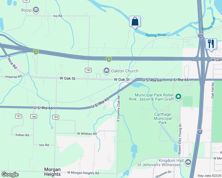 map of restaurants, bars, coffee shops, grocery stores, and more near Ruby Jack Trail in Carthage