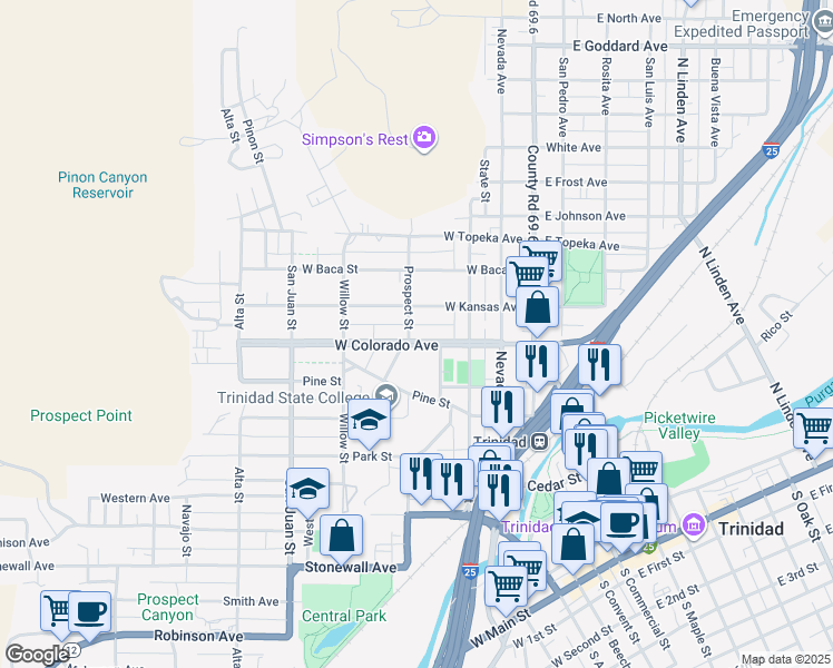map of restaurants, bars, coffee shops, grocery stores, and more near 431 West Colorado Avenue in Trinidad
