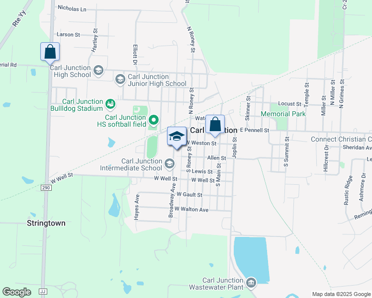 map of restaurants, bars, coffee shops, grocery stores, and more near 206 South Roney Street in Carl Junction