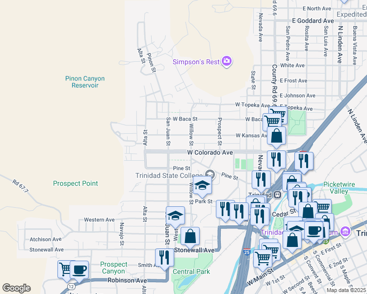 map of restaurants, bars, coffee shops, grocery stores, and more near 711 West Colorado Avenue in Trinidad
