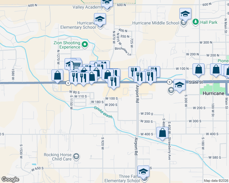 map of restaurants, bars, coffee shops, grocery stores, and more near South 850 West in Hurricane