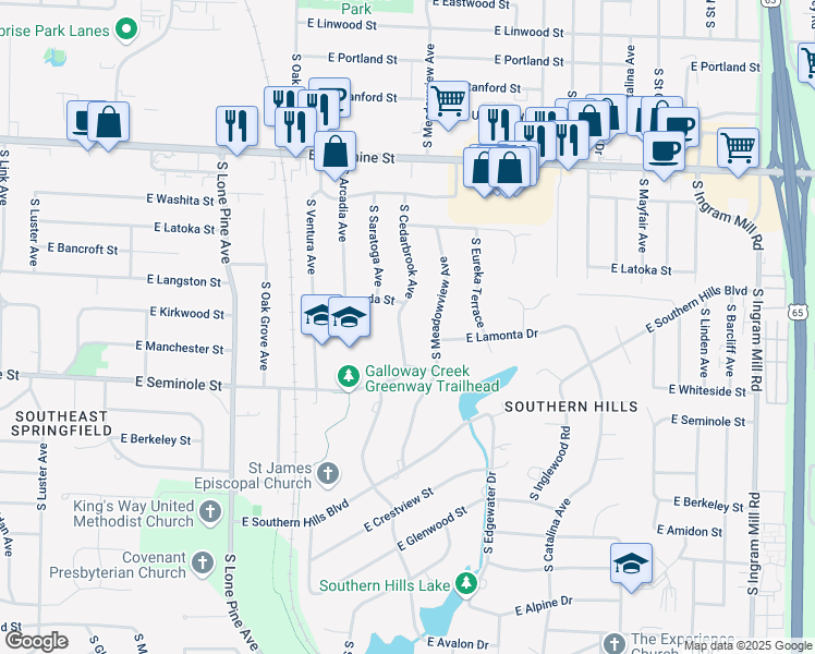 map of restaurants, bars, coffee shops, grocery stores, and more near 2056 South Cedarbrook Avenue in Springfield