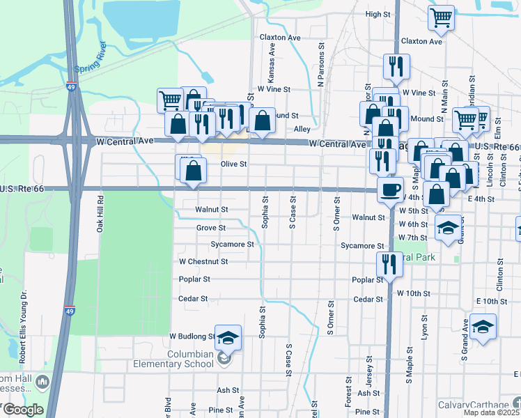 map of restaurants, bars, coffee shops, grocery stores, and more near 830 Oak Street in Carthage