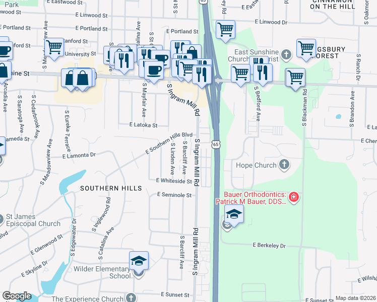 map of restaurants, bars, coffee shops, grocery stores, and more near 2026 South Barcliff Avenue in Springfield