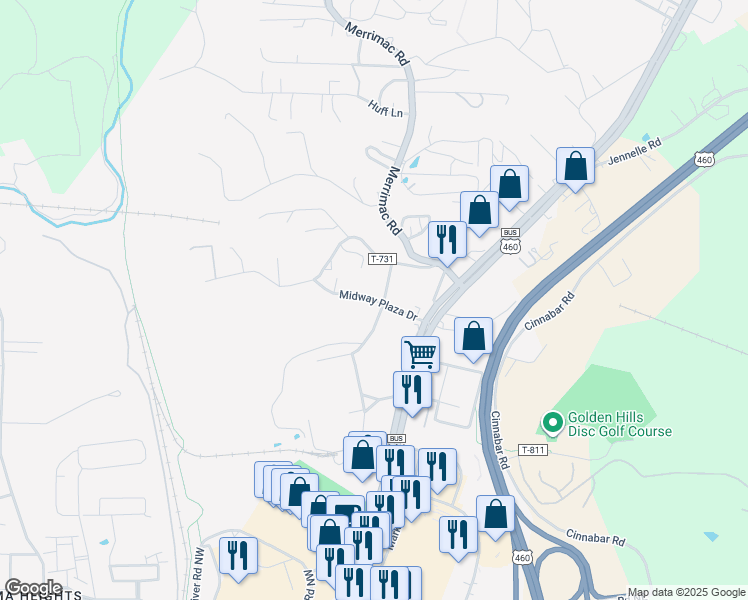 map of restaurants, bars, coffee shops, grocery stores, and more near Midway Plaza Drive in Christiansburg