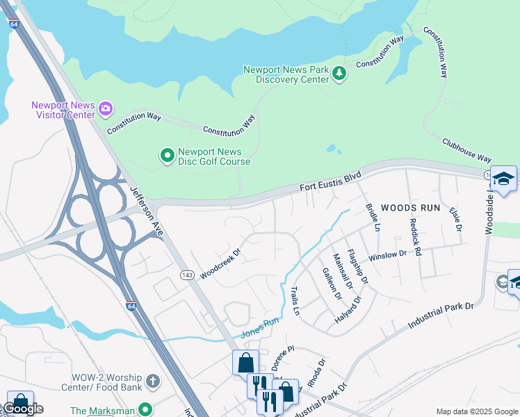 map of restaurants, bars, coffee shops, grocery stores, and more near 1022 Myrtle Court in Newport News