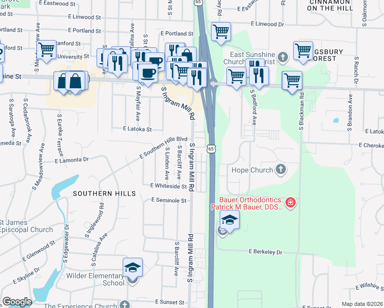 map of restaurants, bars, coffee shops, grocery stores, and more near 2026 South Barcliff Avenue in Springfield