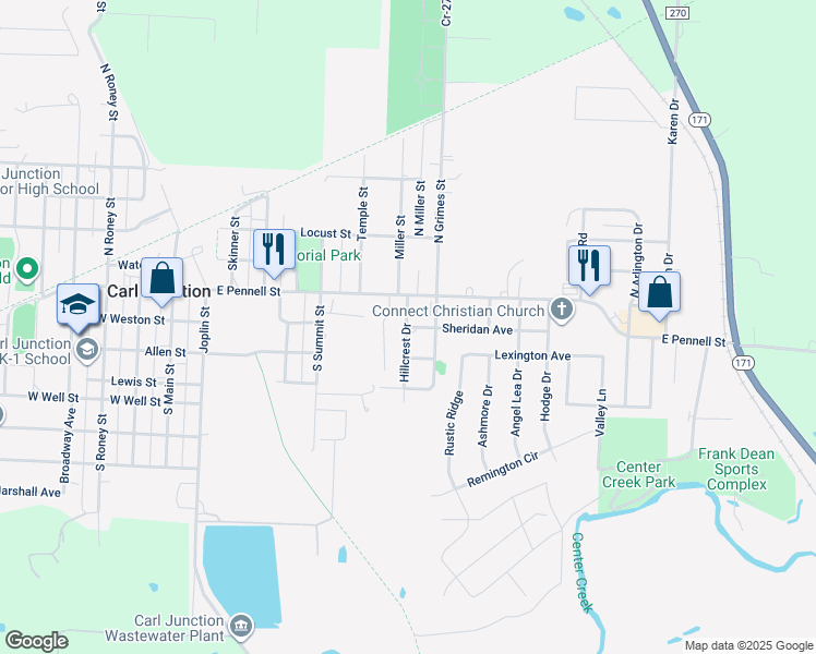 map of restaurants, bars, coffee shops, grocery stores, and more near 701 Sheridan St in Carl Junction