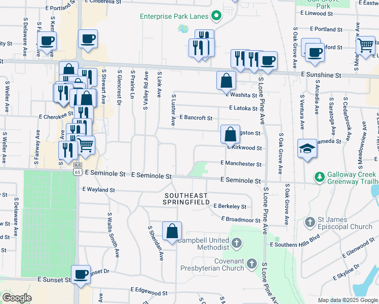 map of restaurants, bars, coffee shops, grocery stores, and more near 2108 S Luster Ave in Springfield