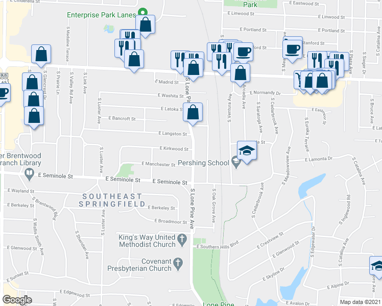 map of restaurants, bars, coffee shops, grocery stores, and more near 2460 East Kirkwood Street in Springfield