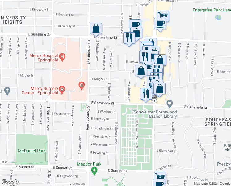 map of restaurants, bars, coffee shops, grocery stores, and more near 1521 East Whiteside Street in Springfield