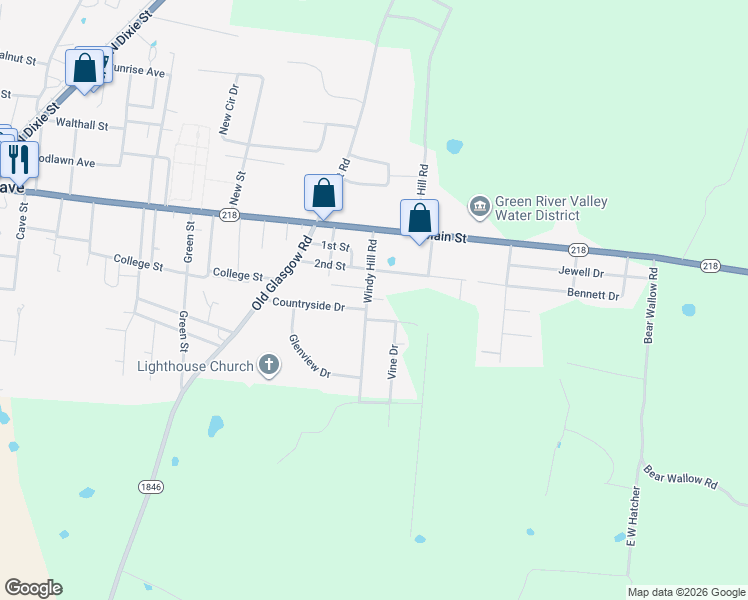 map of restaurants, bars, coffee shops, grocery stores, and more near 15 Leslie in Horse Cave