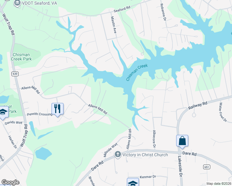 map of restaurants, bars, coffee shops, grocery stores, and more near 544 Allens Mill Road in Yorktown