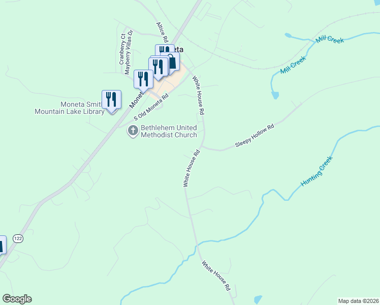 map of restaurants, bars, coffee shops, grocery stores, and more near 1399 White House Road in Moneta