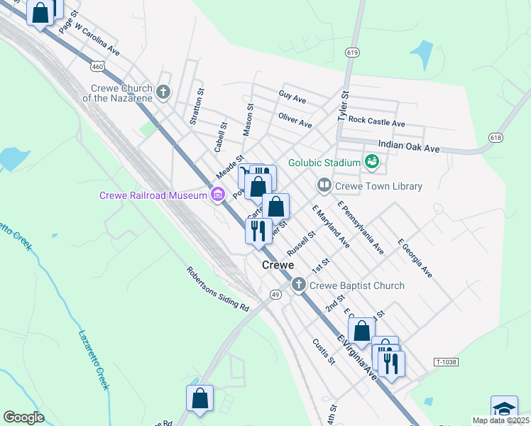 map of restaurants, bars, coffee shops, grocery stores, and more near 116 W Carolina Ave in Crewe