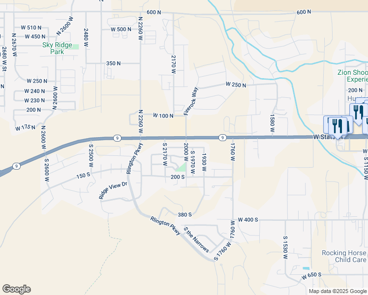 map of restaurants, bars, coffee shops, grocery stores, and more near West 30 South in Hurricane