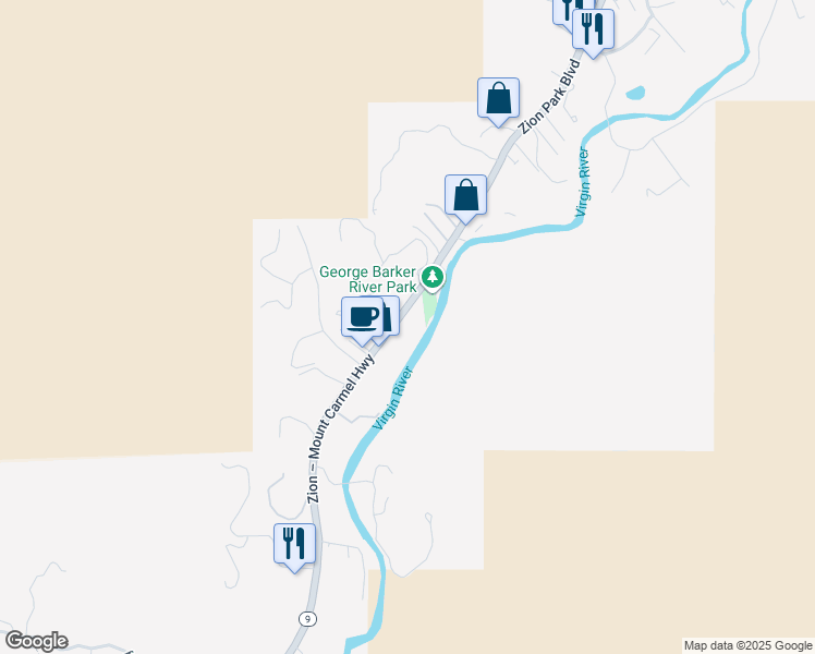 map of restaurants, bars, coffee shops, grocery stores, and more near 1775 Zion Park Boulevard in Springdale