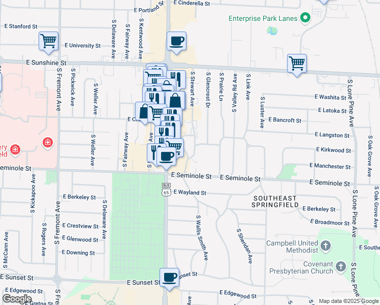 map of restaurants, bars, coffee shops, grocery stores, and more near 2105-2115 South Brentwood Boulevard in Springfield