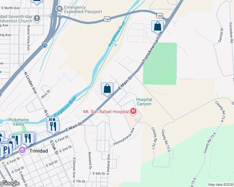 map of restaurants, bars, coffee shops, grocery stores, and more near 1622 East Main Street in Trinidad