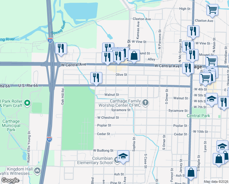 map of restaurants, bars, coffee shops, grocery stores, and more near 300-498 Center Street in Carthage