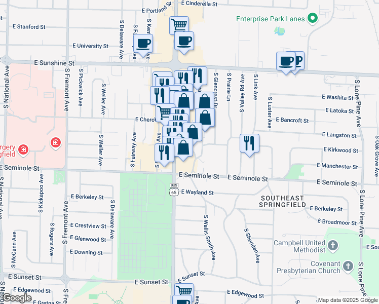 map of restaurants, bars, coffee shops, grocery stores, and more near 2115 South Brentwood Boulevard in Springfield