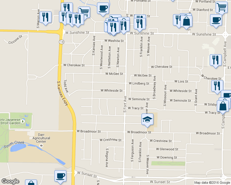 map of restaurants, bars, coffee shops, grocery stores, and more near 1410 West Whiteside Street in Springfield