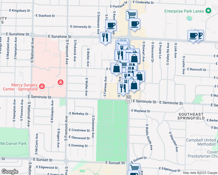map of restaurants, bars, coffee shops, grocery stores, and more near 2060 South Fairway Avenue in Springfield