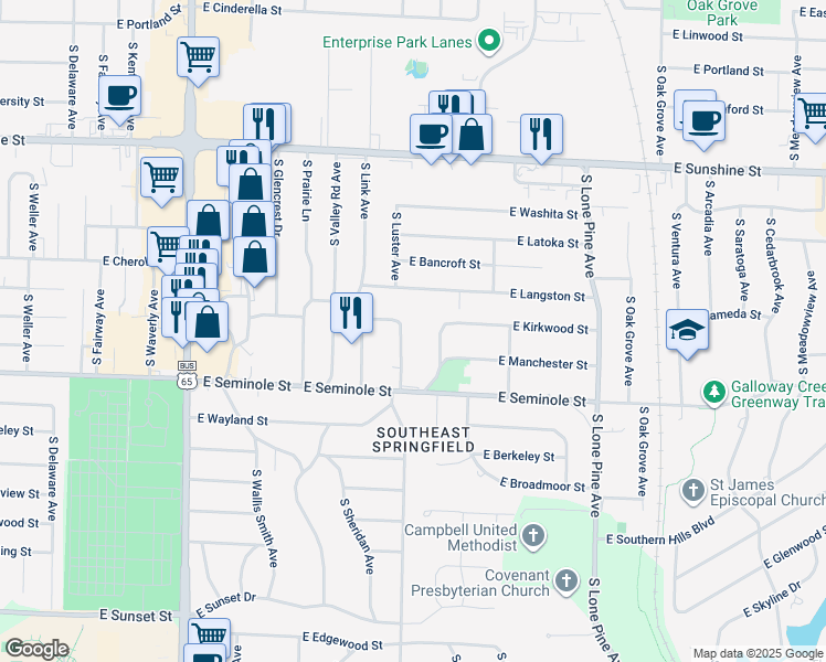 map of restaurants, bars, coffee shops, grocery stores, and more near 2108 South Luster Avenue in Springfield