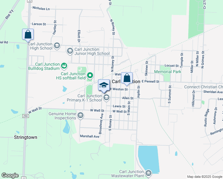 map of restaurants, bars, coffee shops, grocery stores, and more near 206 South Roney Street in Carl Junction