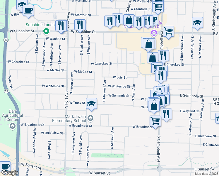 map of restaurants, bars, coffee shops, grocery stores, and more near 848 West Whiteside Street in Springfield
