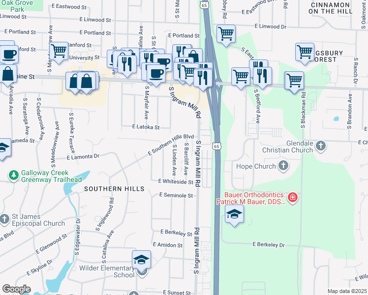 map of restaurants, bars, coffee shops, grocery stores, and more near 2026 South Barcliff Avenue in Springfield