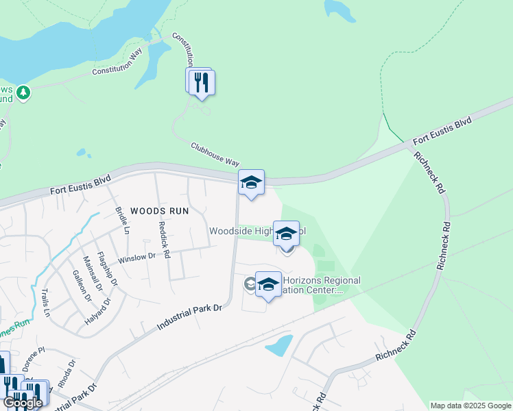 map of restaurants, bars, coffee shops, grocery stores, and more near 13460 Woodside Lane in Newport News