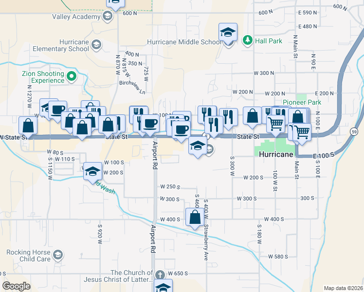 map of restaurants, bars, coffee shops, grocery stores, and more near 525 West State Street in Hurricane